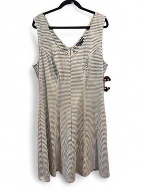 paper doll White & Blue Sleeveless V-Neck A-Line Midi Dress with Subtle Pattern